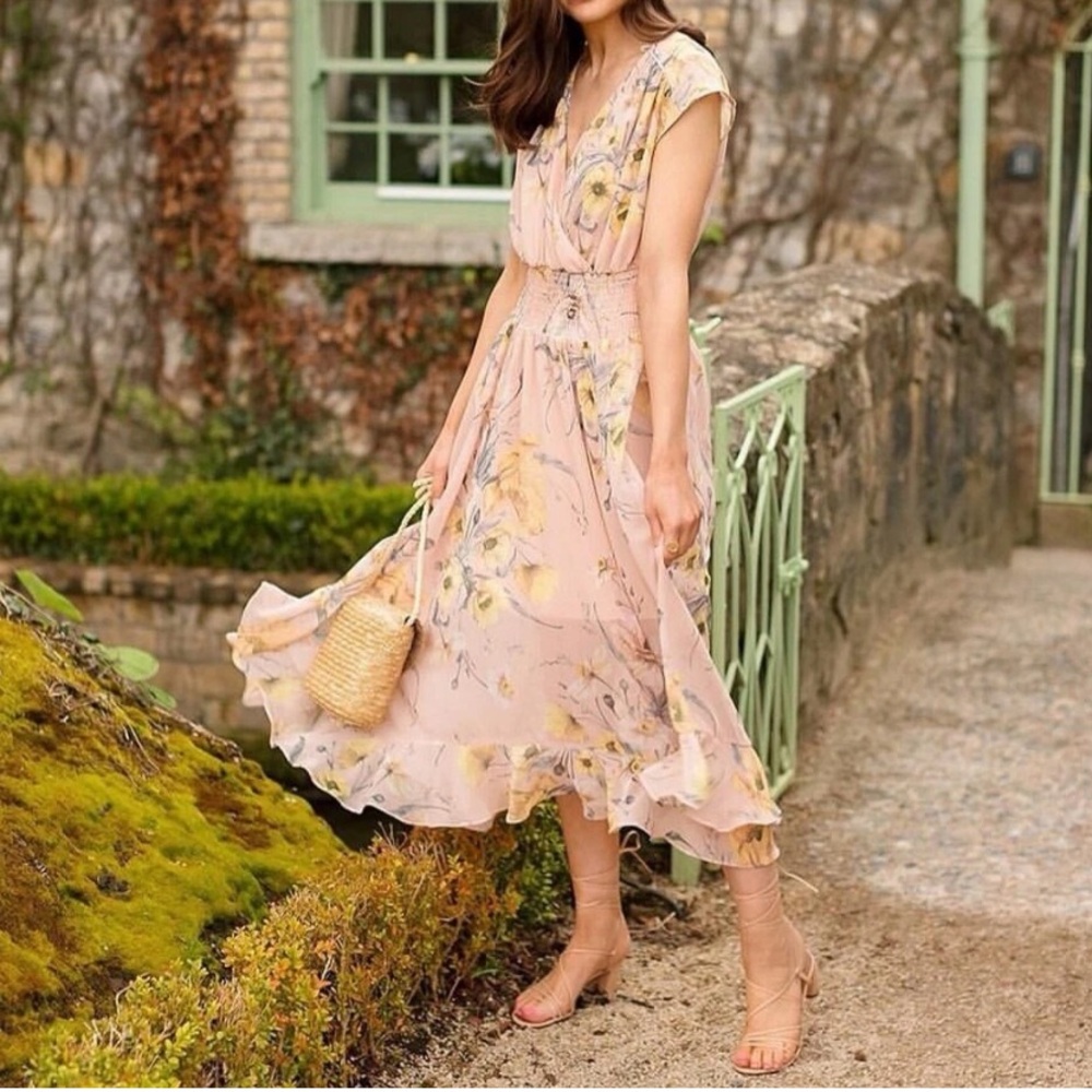 H&M peach Pink Floral Chiffon Dress Feminine Garden Girl